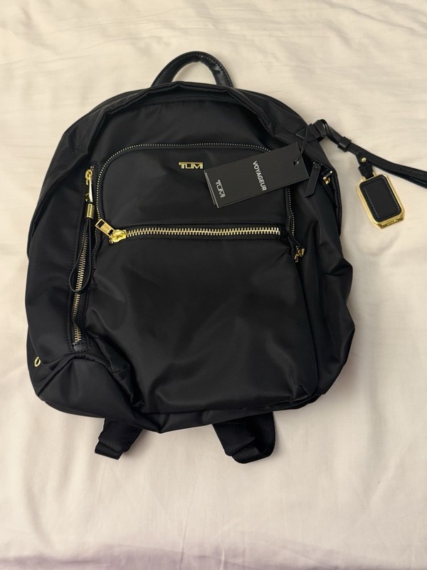 Tumi Voyageur Women’s Black Backpack, Gold Hardware, Zip Closure, Luggage Tag