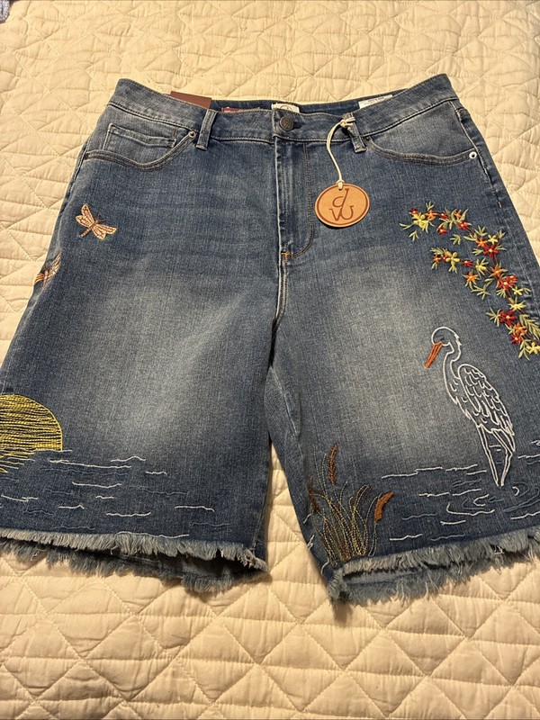 Driftwood Shorts Womens Denim Brielle Bermuda Pelican Embroidered Fringe Sz 10