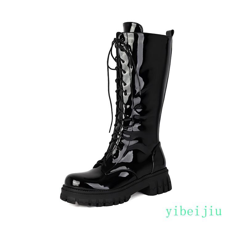 Women’s Platform Mid Calf Riding Boots Glossy Shiny Leather Shoes Low Heel Wide