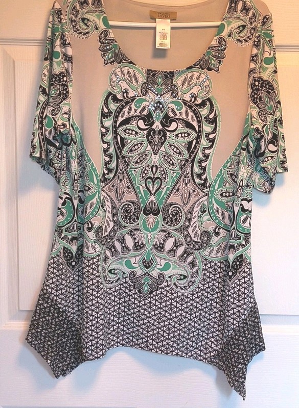 Valerie Stevens Women’s LG Paisley Scoop Neck SS Rhinestone Top