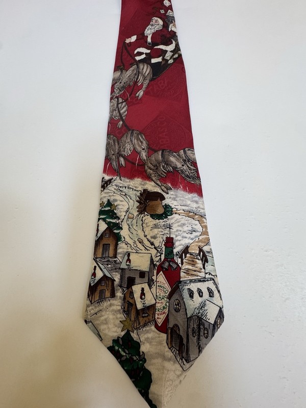 TABASCO 100% Silk Men’s Tie Red/Multicolor Scenic Santa Christmas Logo