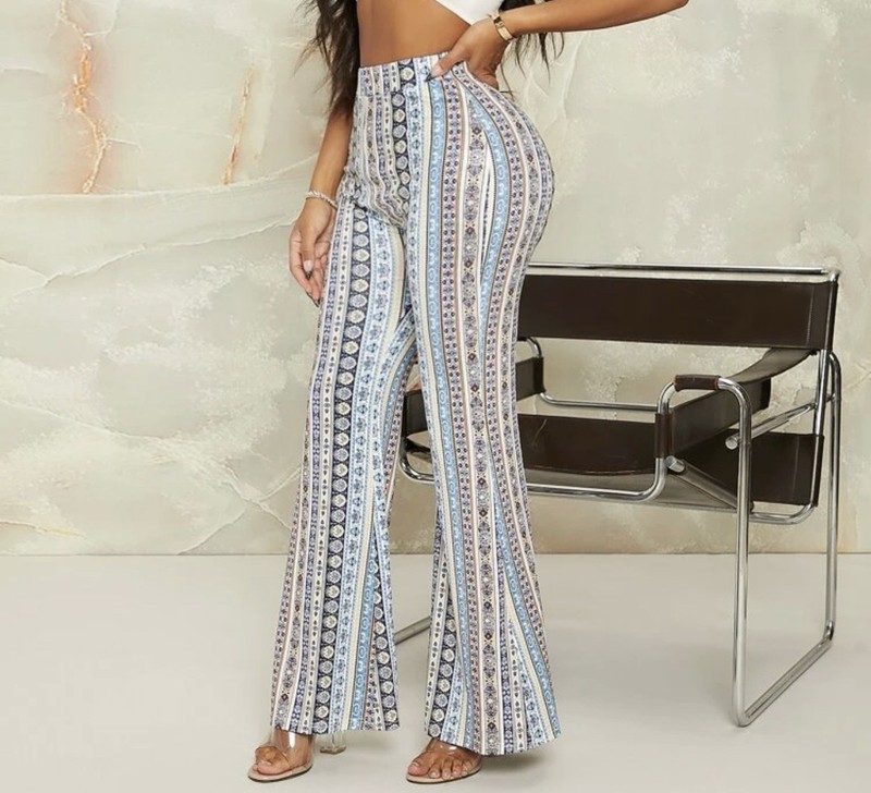 SHEIN Multicolor Striped Boho Flared Pants High Rise Elastic Waist M gallery