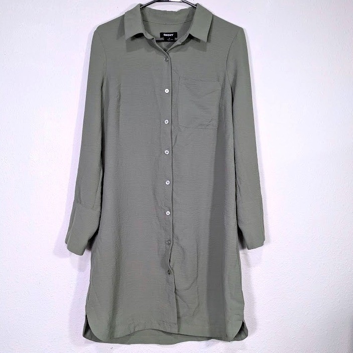 DKNY Womens Shirt Dress Size 8 Sage Green Long Sleeve Button Front Olive Tunic
