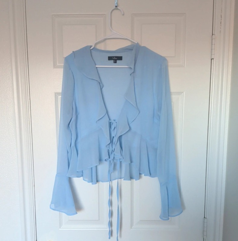 Lulus Blue Chiffon Semi-Sheer Ruffle V-Neck Tie-Front Bell Sleeve Blouse L