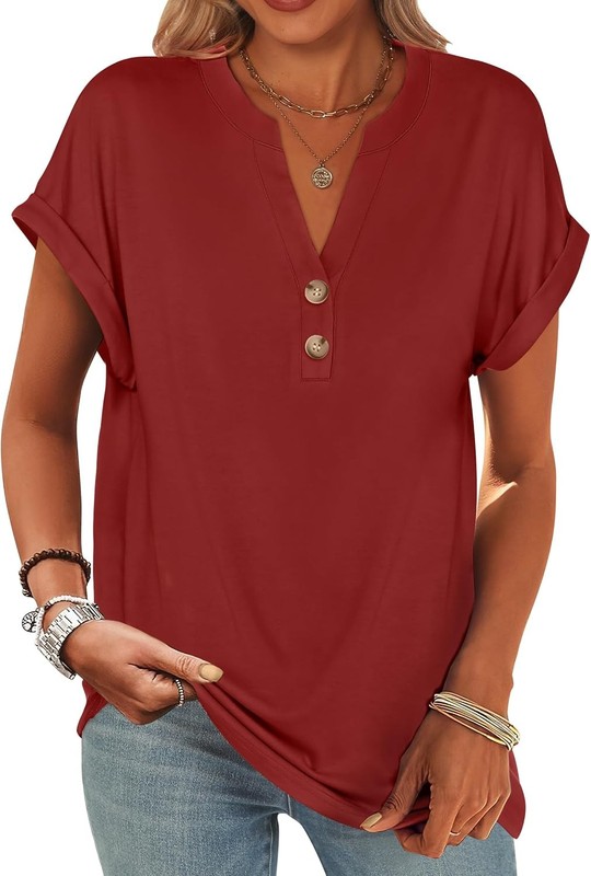 Womens Henley V Neck Short Sleeve Loose Fit Casual Summer Tunic Blouse Top gallery