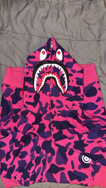 A Bathing Ape Shark Full Zip Fleece Hoodie Pink Purple Camo Size L