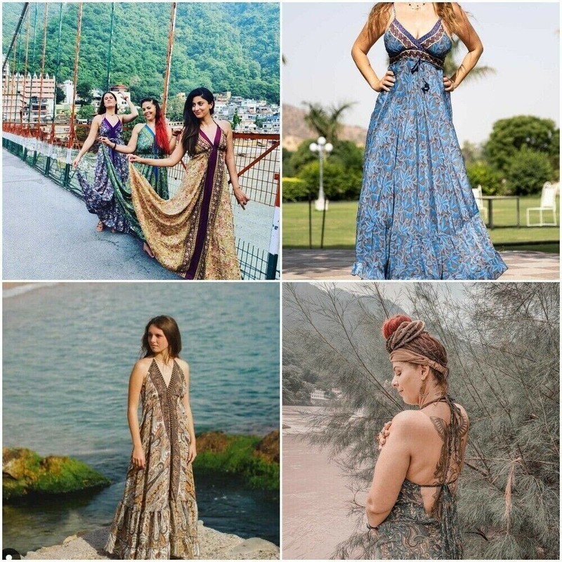 Indian 10Pc Lot Vintage Recycle Sari Silk Maxi Beach Sundress Boho Gypsy Dress