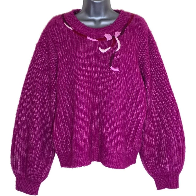 Kate Spade Magenta Wool Blend Bow Neck Balloon Sleeve Sweater XL Sweater