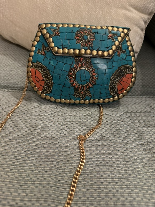 Ramla Handmade Moroccan Turquoise Tile Mosaic Clutch Crossbody (MSRP $250)