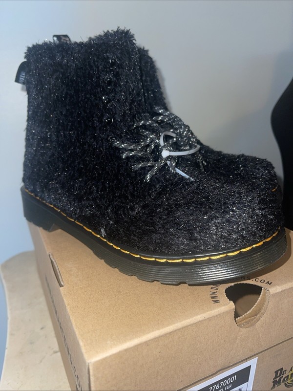 Dr. Martens 1460 Pascal Mono J Black Round Toe Lace Tinsel Fur Boots, Kid’s 5