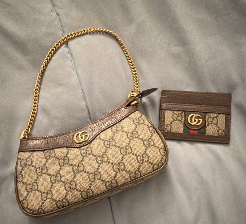 Gucci GG Monogram Mini Shoulder Bag Zip Gold Chain Strap w/ Card Holder