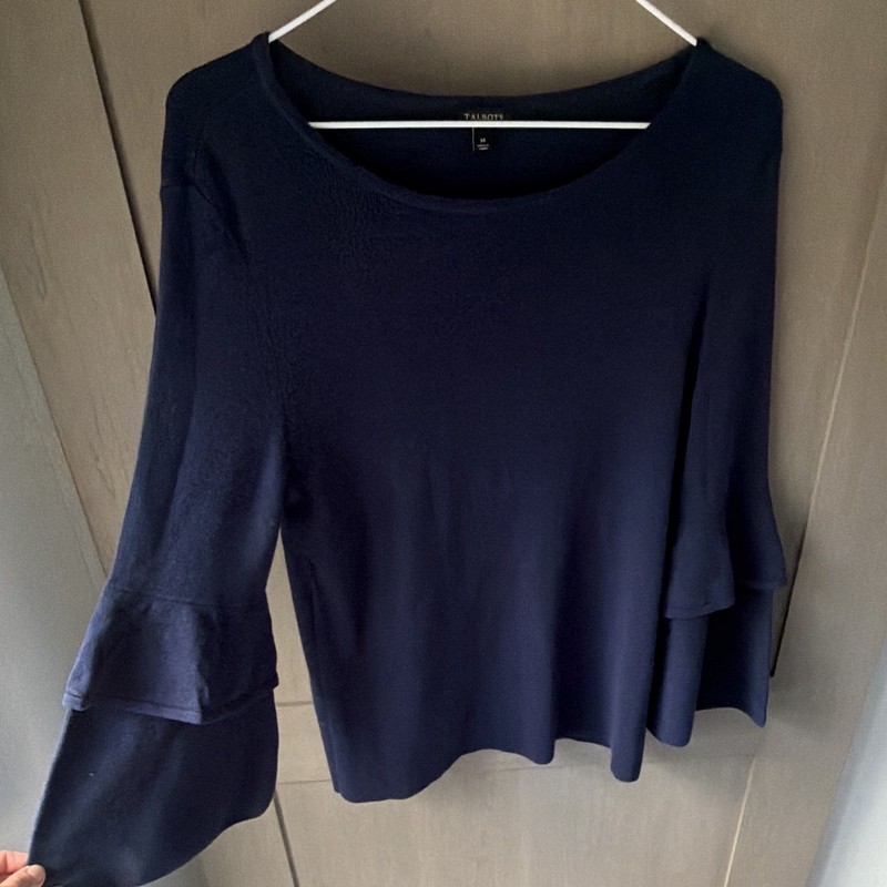 Talbots Women’s Blue Solid Knit Round Neck Bell Long Sleeve Ruffle Top M