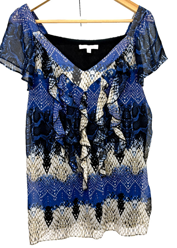 NY Collection XL Blue Geometric Ruffle Blouse V-Neck Flutter Sleeves Career Top