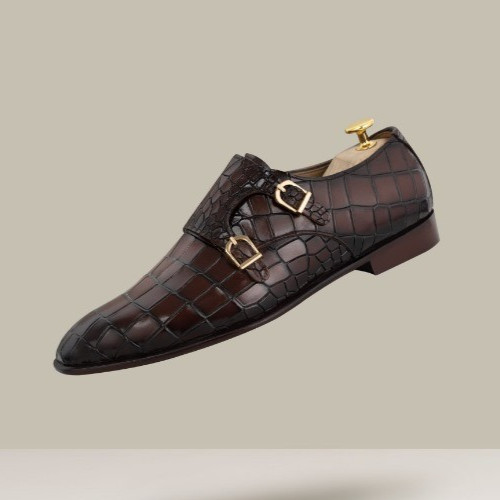 Handmade men brown crocodile shoes, men double monk dress shoe, formal shoes men