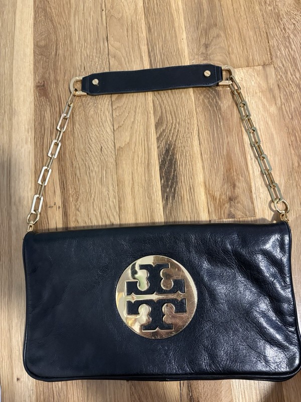 Tory Burch Black Logo Shoulder Bag, Gold Hardware, Chain Strap, Zip, Women