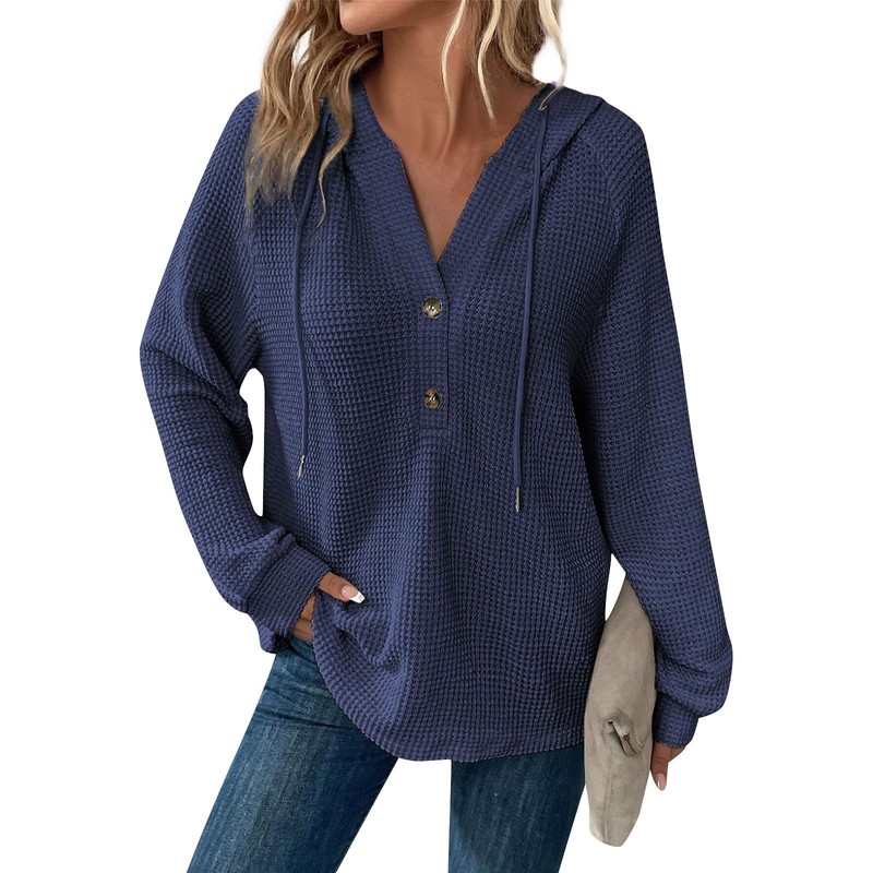 Casual Women's Solid Color Hoodie - Long Sleeve Relaxed Fit Waffle Weave Top gallery
