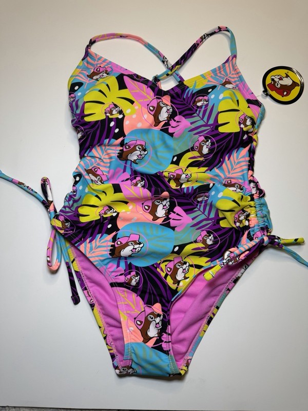 Buc-ee’s One Piece Swimsuit SZ XS Buc-ee Beaver Bright Neon Floral Tropical NWT