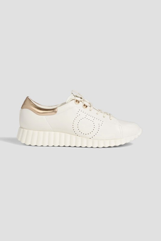 SALVATORE FERRAGAMO Ninfa Sneaker Gancini White Gold Leather Size 8.5 C