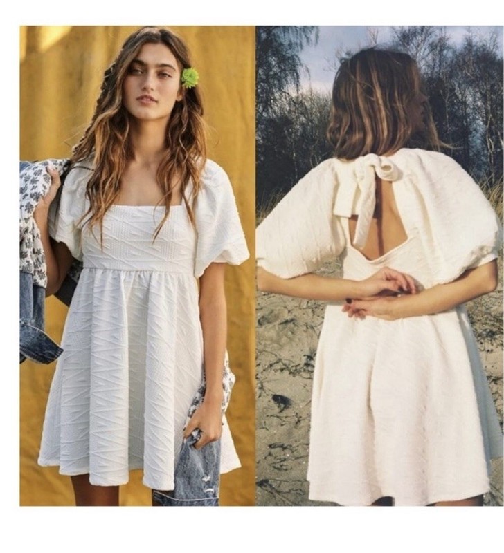 White Free People Violet Mini Dress Square Neck Puff Sleeves Boho New W/ Tags M