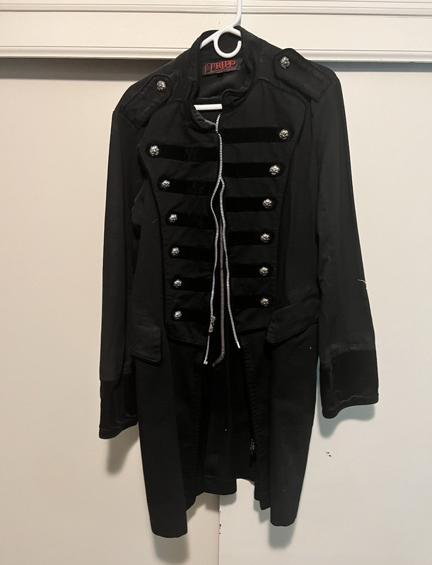 TRIPP NYC Men’s Black Long Military Coat, Zip/Button, Pockets, Size XL