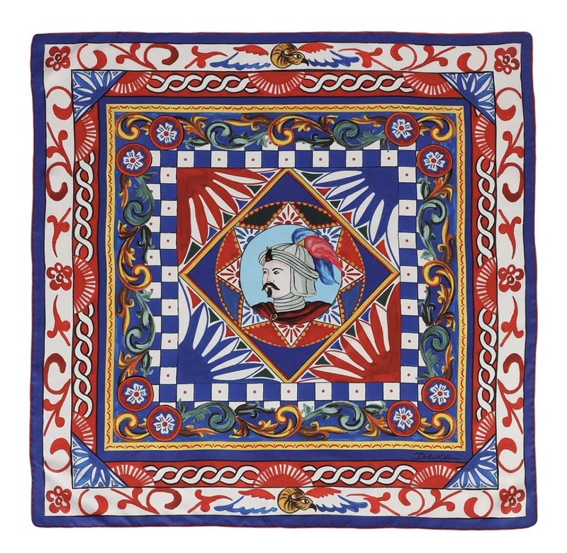 Dolce and Gabbana Carretto Print Twill Square Scarf Blue Multicolour NEW