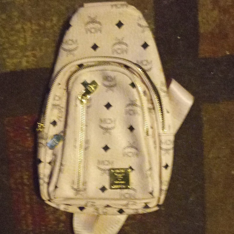 MCM White Monogram Mini Backpack Sling Bag Zip Closure Adjustable Strap Gold