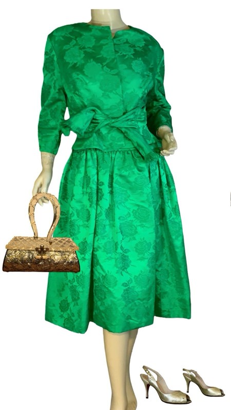 WOMEN’S VINTAGE CIRCA 1950’S I. MAGNIN GREEN SILK DRESS & JACKET SET SZ MED