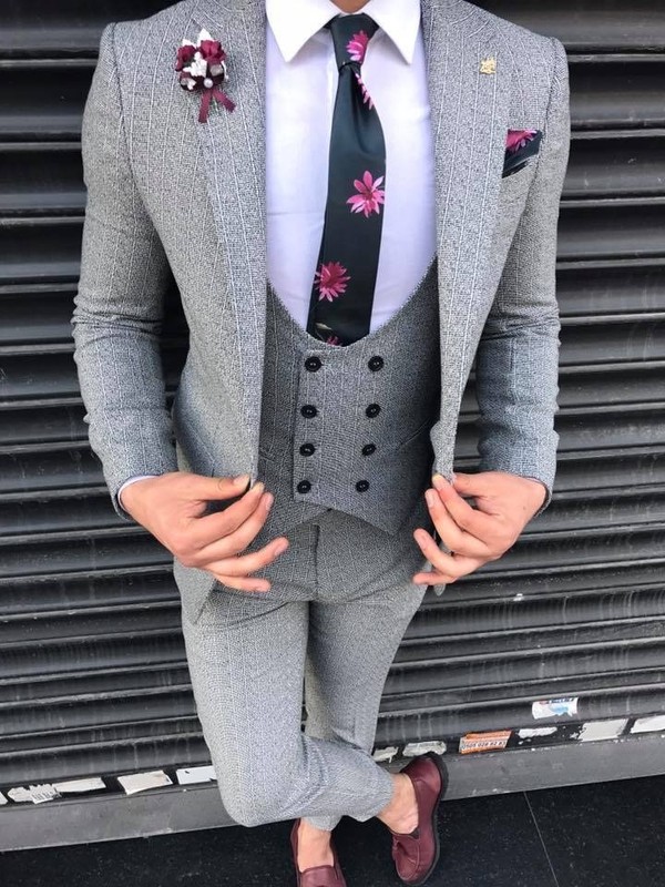 DESIGNER BUSINESS GREY PINSTRIPE MEN'S SUIT SPORT COAT TROUSERS WAISTCOAT FITTED gallery