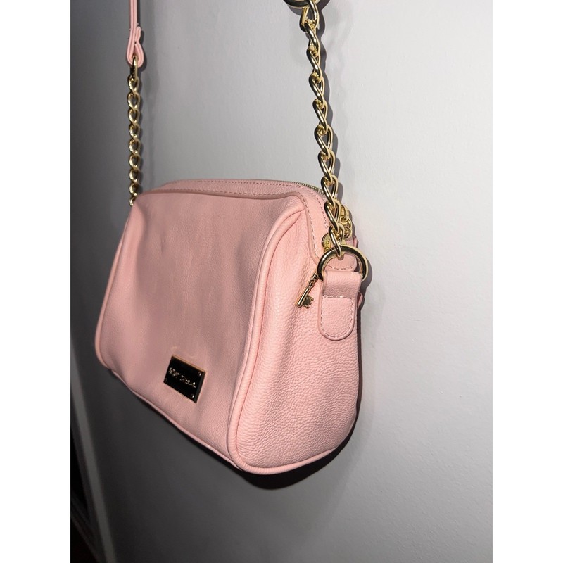 RARE Betsey Johnson Pink Sequin Bow Crossbody Bag Gold Hardware Heart Key Charm gallery