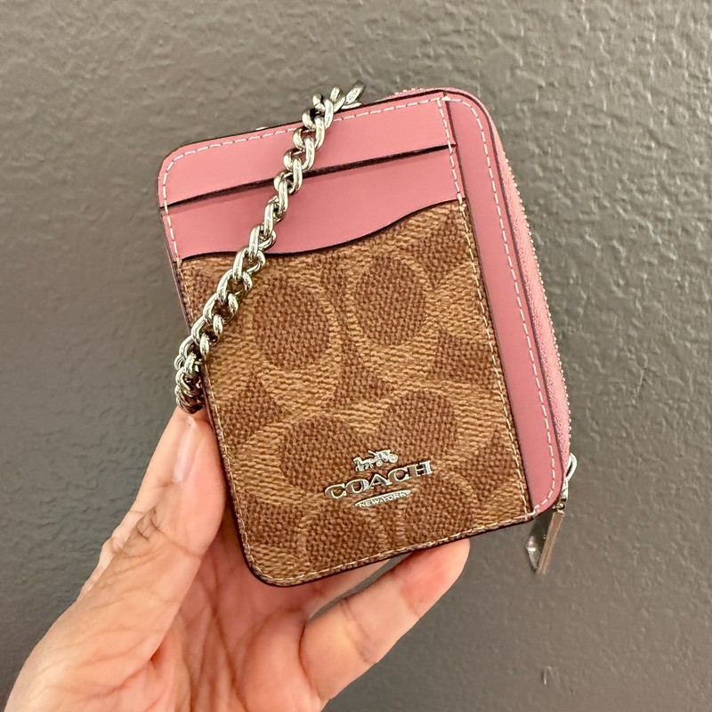 Coach Zip Card Case In Signature Canvas CW883 Tan/Dusty Pink