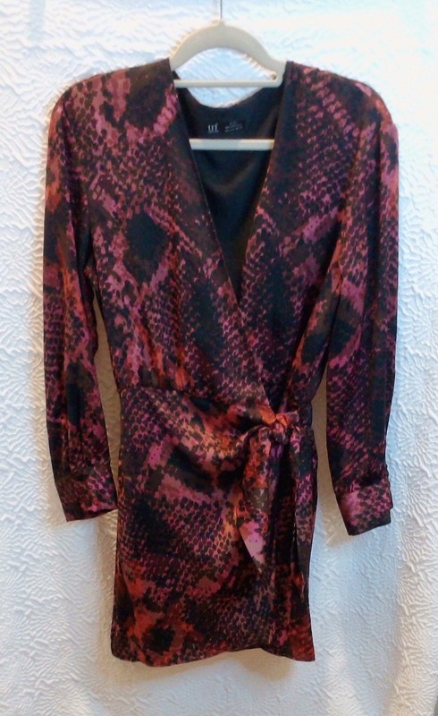 Zara TRF Snake Print Wrap Dress Womens Large Burgundy Long Sleeve Tie Waist