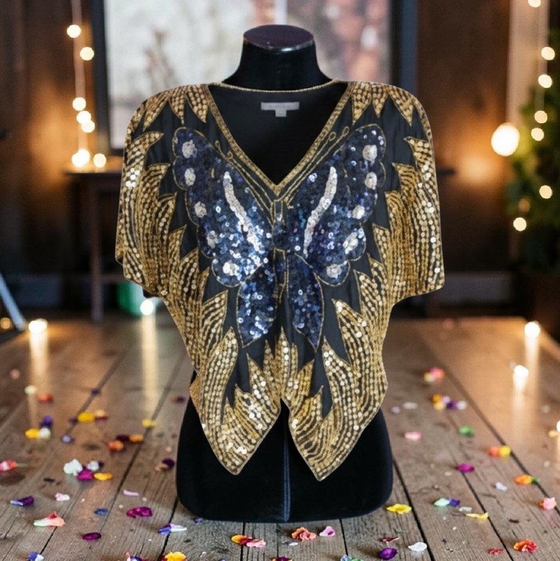 Vintage Sequin Butterfly Silk Top