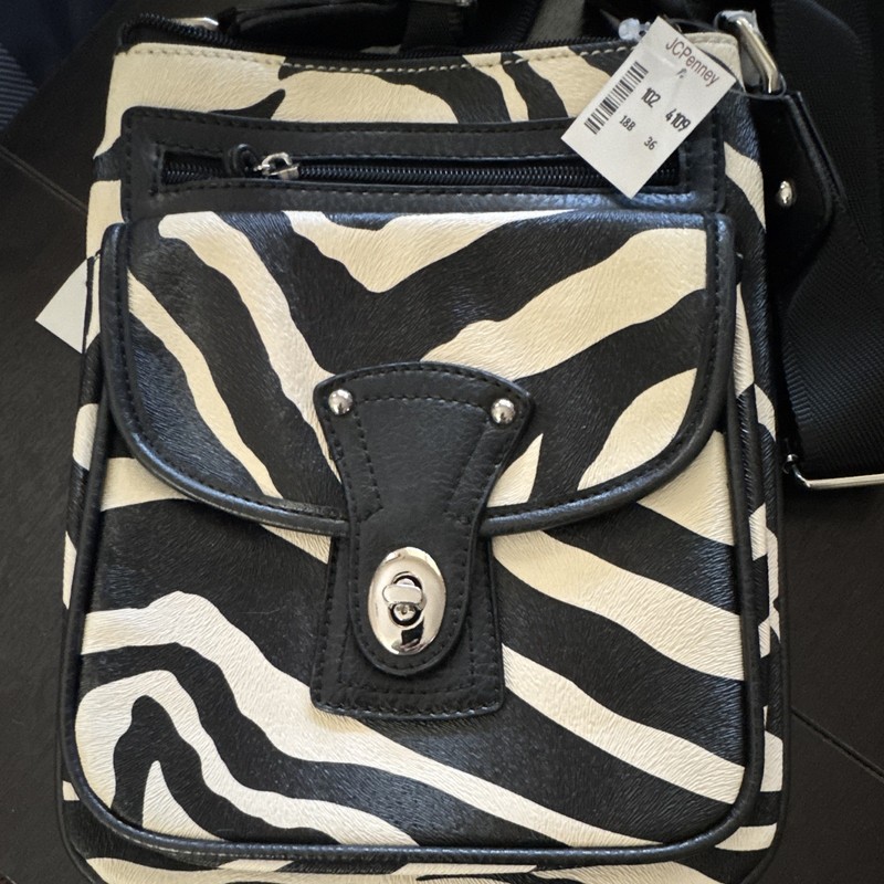 Women’s Black & White Zebra Print Crossbody Bag Zip Turn Lock Silver Hardware