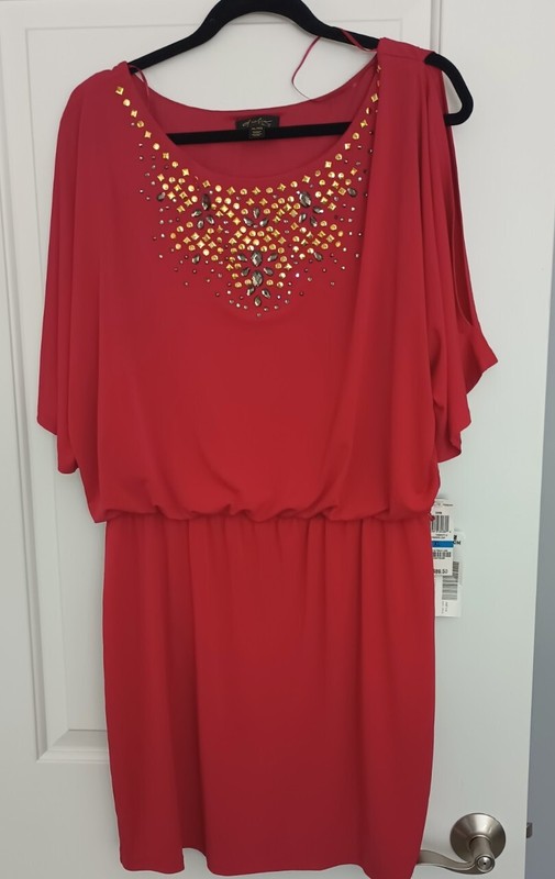 thalia sodi dress xl, red with gems NWT sexy, open arms, no belt