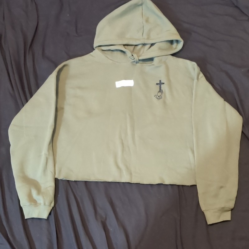 Novel One Ingenious Tech Green Fleece Cropped Hoodie 2XL Cross Praying Hands