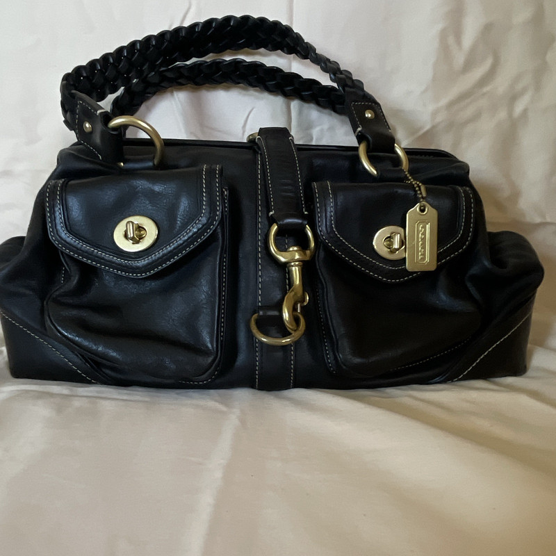Coach Black Medium Satchel Top Handle Braided Handles Zip Turn Lock Gold Purple