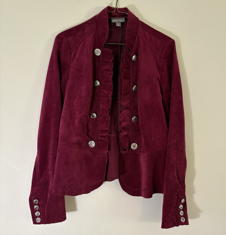 Roz & Ali Women’s Burgundy Button Jacket Ruffle Trim Lined Long Sleeve Short S