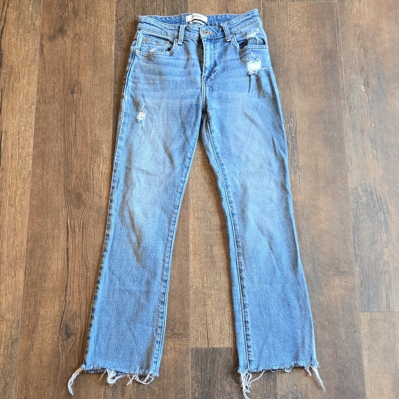 Pistola High Rise Straight Jeans Blue Light Wash Stretch Distressed Raw Hem 24