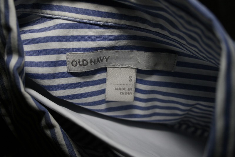 Old Navy Women's Small Blue and White Striped Ruffle Placket Button-Down Blouse gallery