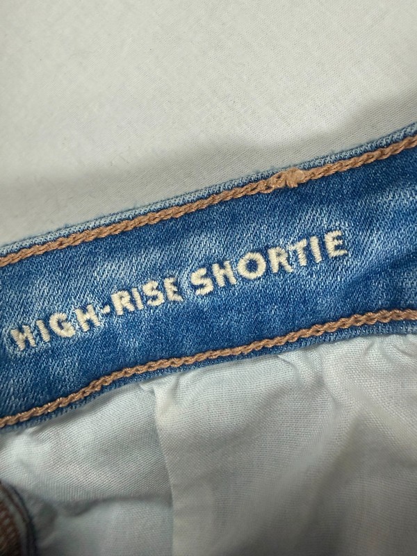American Eagle Hi-Rise Shortie Light Wash Distressed Denim Shorts Lace Detail gallery