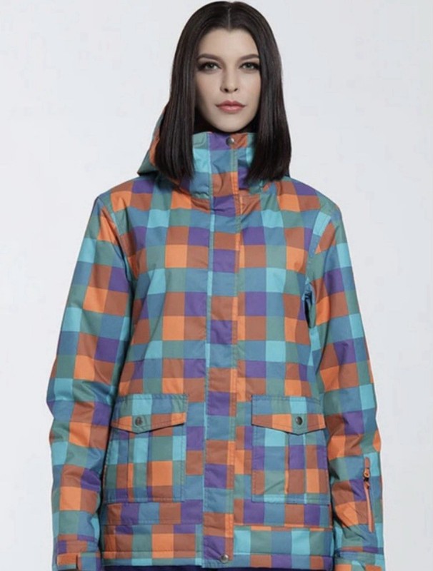 GSOU SNOW Women Ski Jacket Waterproof Insulated Snowboard Snap Hood Plaid Large
