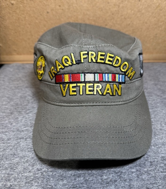GREEN OTTO CAP 109-791 IRAQI FREEDOM VETERAN NAVY PURPLE HEART PATCH
