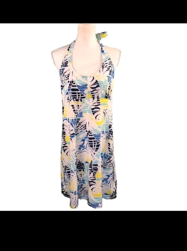 Columbia Sports Tropical Halter Dress Medium Blue Yellow Summer Beach Vacation