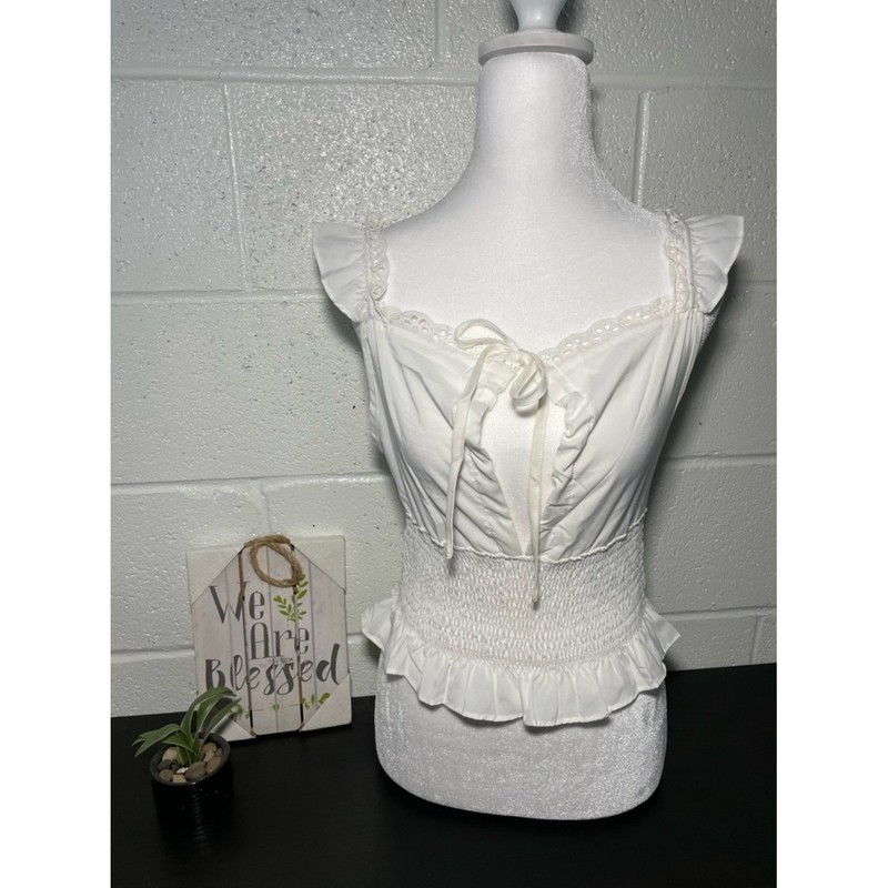 SHEIN Cream Ruffled Smocked Waist Tank Top