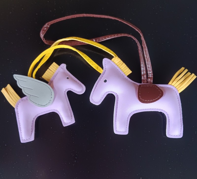 Bag or Purse Charm Accessory w/ Strap, Purple Yellow Brown Gray, 2 Pc