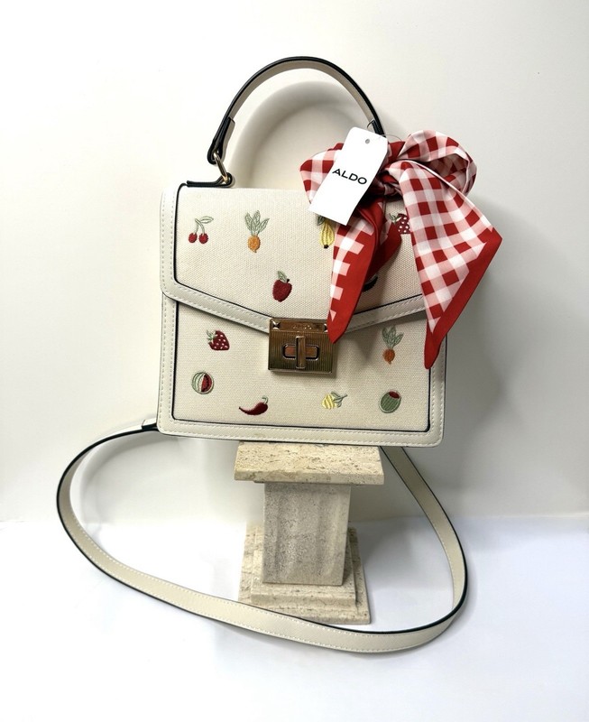 ALDO Red & Cream Fruit-Print Crossbody with Gingham Bow & Detachable Strap NWT