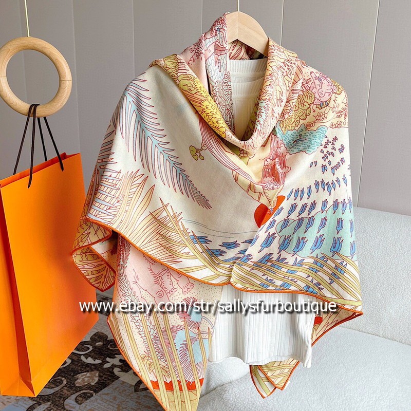 Sally Cashmere & Silk Wrap Scarf Animals Print Double Face Shawl Hand Rolled 53" gallery