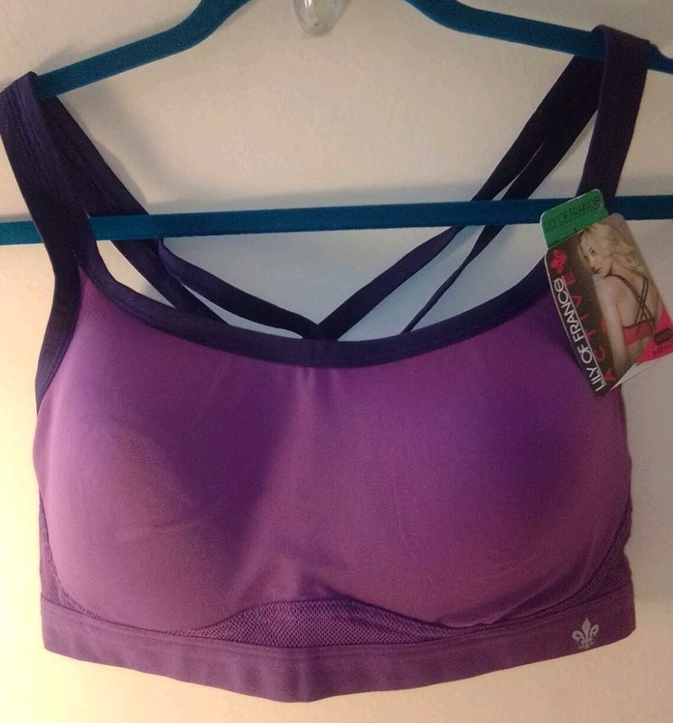 Lily Of France Women’s Sports Active Bra Cross-Back Medium Impact Purple Ink L gallery
