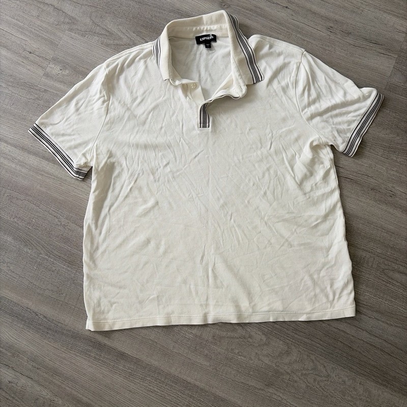 Express Men’s White Solid Short Sleeve Collared Polo Shirt Button Closure L