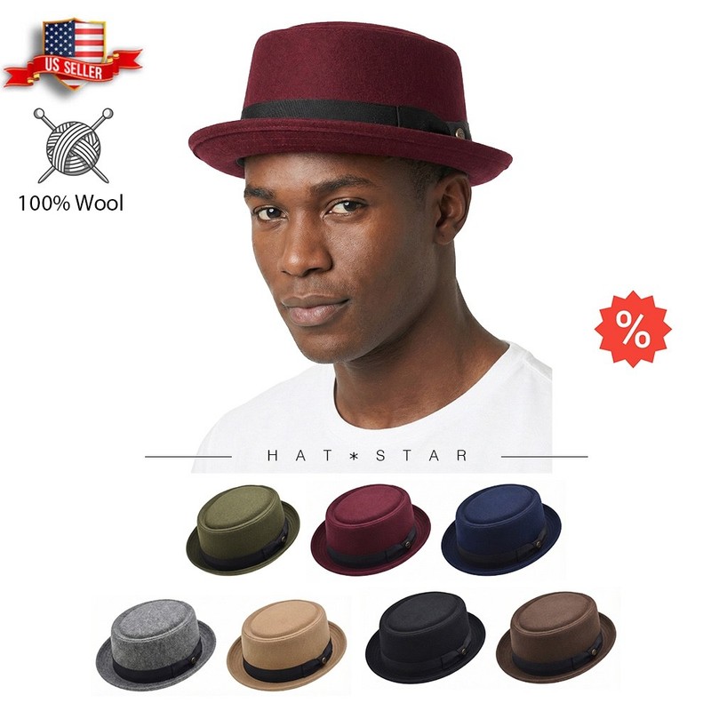 Round Shape Wool Fedora Hat w/Grosgrain Band Classic Pork Pie Stingy Brim